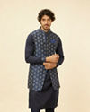 Navy Blue Imperial Jaal Patterned Kurta Jacket Set